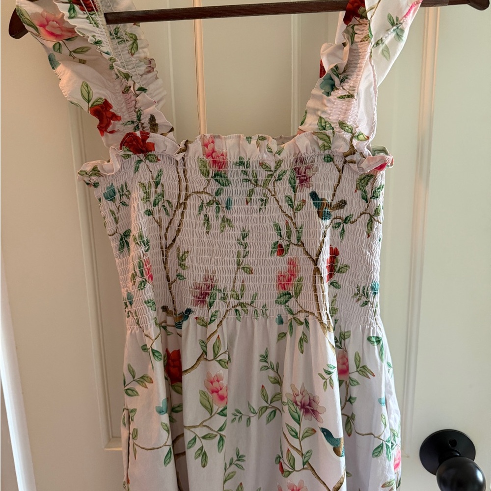 Hill House White Floral Sundress with Pink and Green Accents